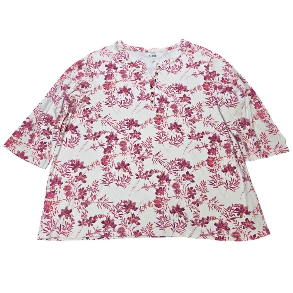 Blair Henley Top Women's Size 2XL Pink White Floral 3/4 Sleeve Cotton Blend